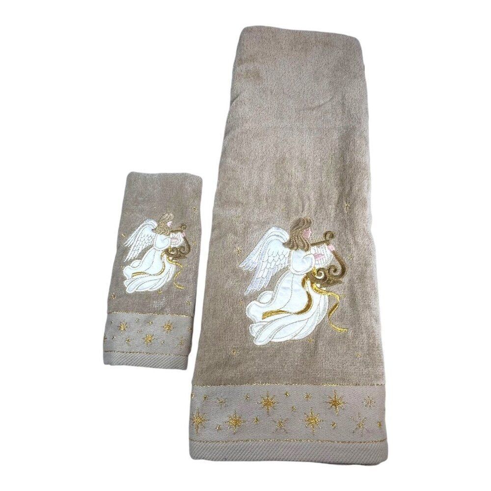 Angel Embroidered Bath & Hand Towel Set By Cecil Saydah Christmas Holidays Lot